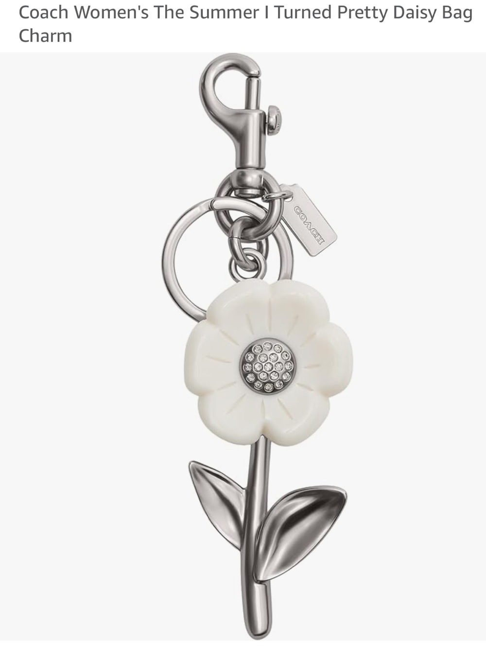 Coach White Daisy Keychain Charm with Silver-Tone Hardware